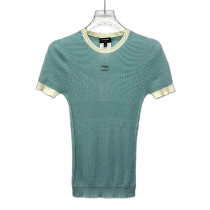 Blue Logo Rhinestone Knit Short Sleeve Shirt