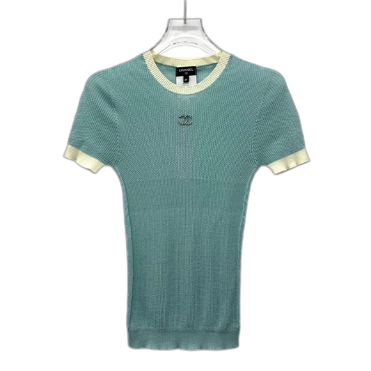 Blue Logo Rhinestone Knit Short Sleeve Shirt