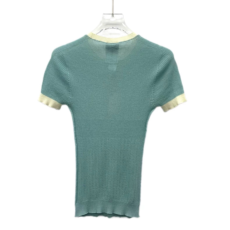 Blue Logo Rhinestone Knit Short Sleeve Shirt