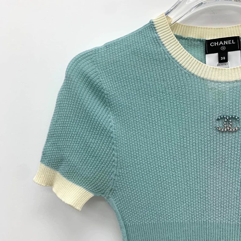 Blue Logo Rhinestone Knit Short Sleeve Shirt