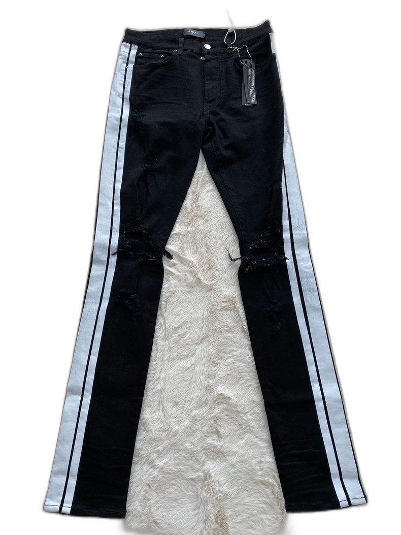 Black Sports Stripe Distressed Denim Pants