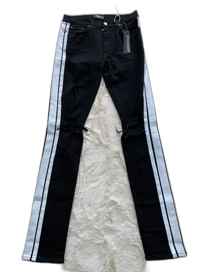 Black Sports Stripe Distressed Denim Pants