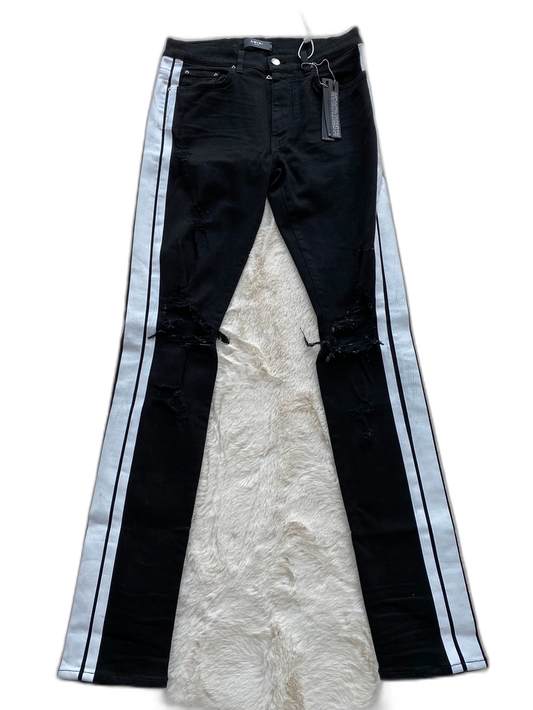 Black Sports Stripe Distressed Denim Pants