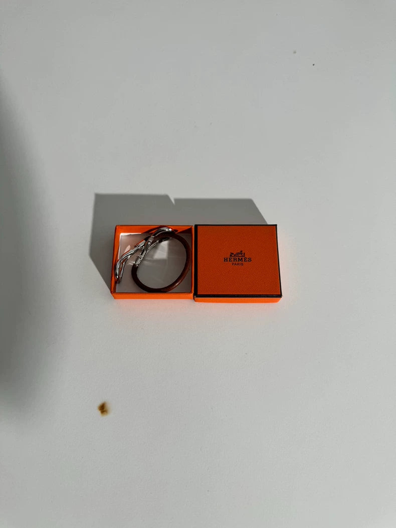 Hermes Double Silver Buckle Leather Bracelet