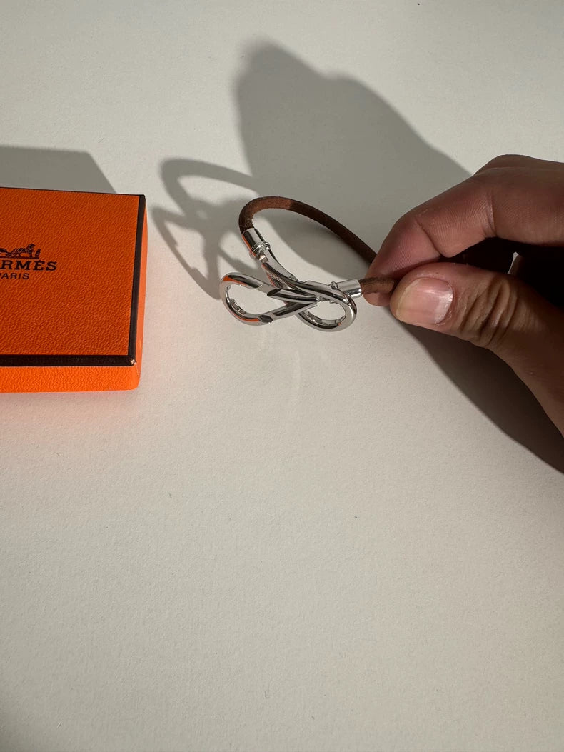 Hermes Double Silver Buckle Leather Bracelet