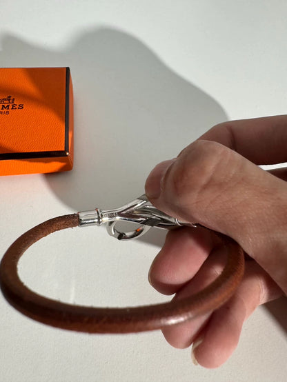 Hermes Double Silver Buckle Leather Bracelet