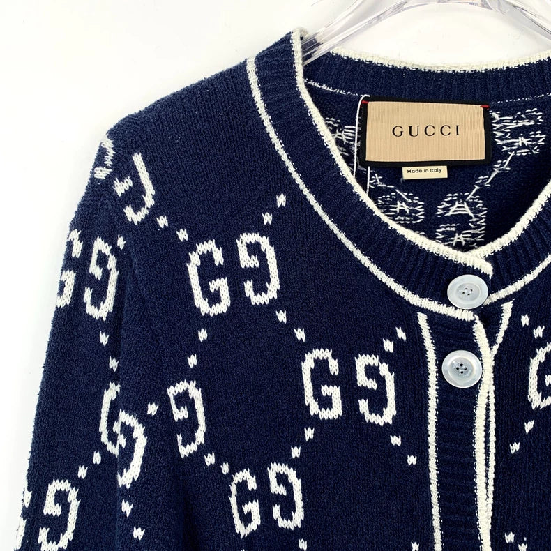 Gucci Navy Logo Knit Cardigan Sweater