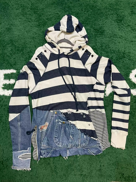 Greg Lauren 18AW 50/50 black and white striped denim hoodie