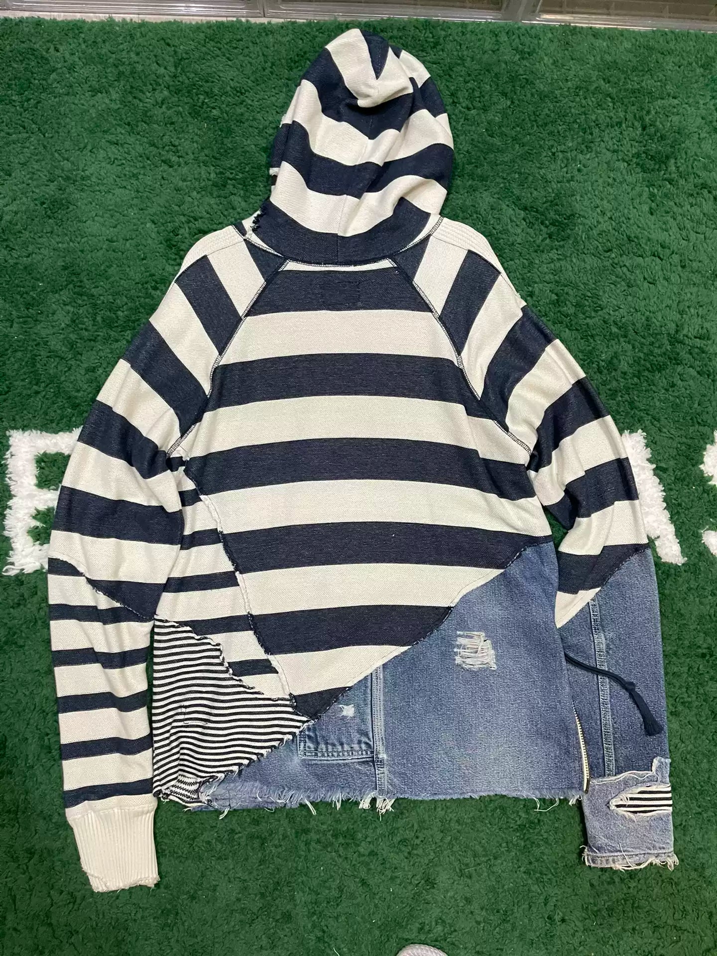Greg Lauren 18AW 50/50 black and white striped denim hoodie