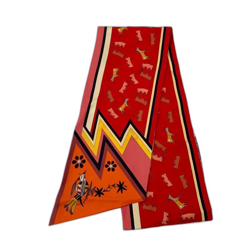 Hermes Red Silk Printed Scarf