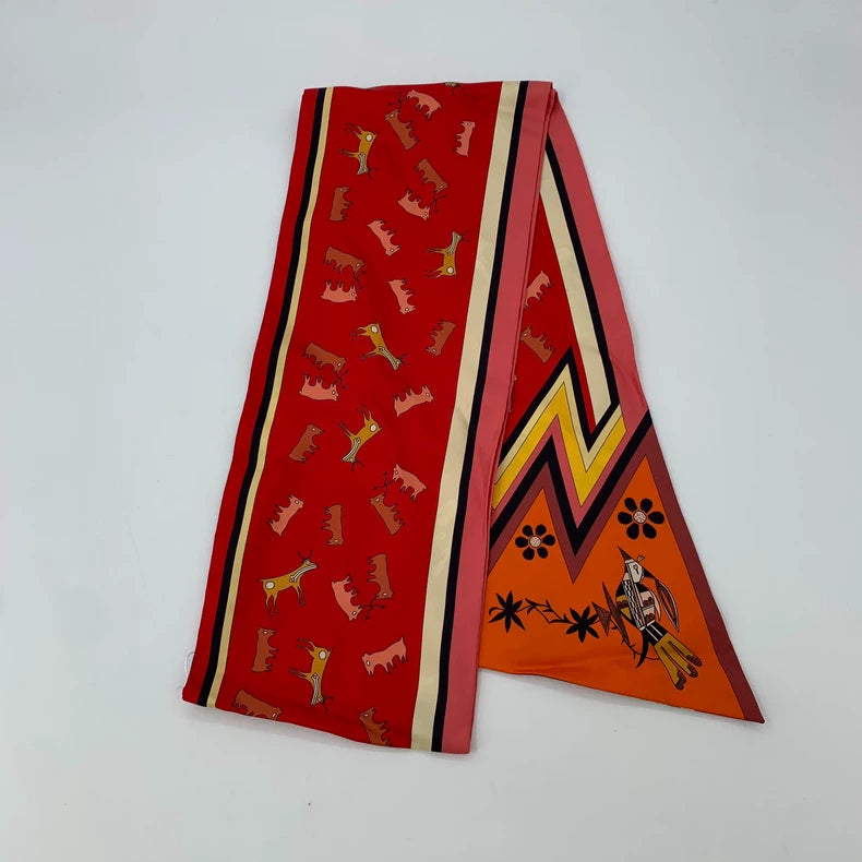 Hermes Red Silk Printed Scarf