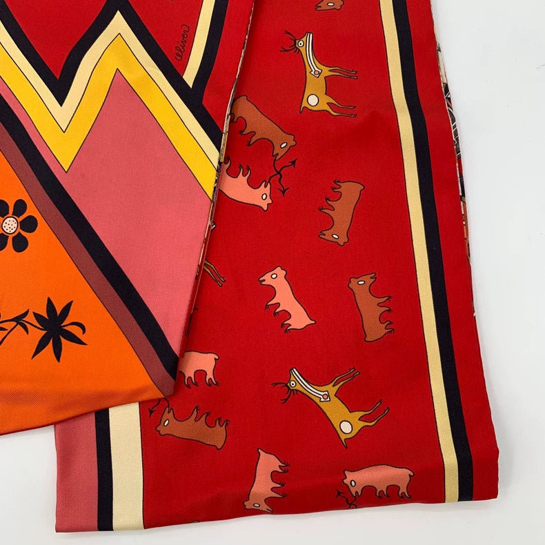 Hermes Red Silk Printed Scarf