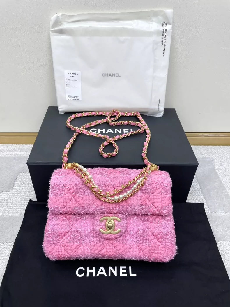 Chanel Pink Tweed Chain Wallet Bag