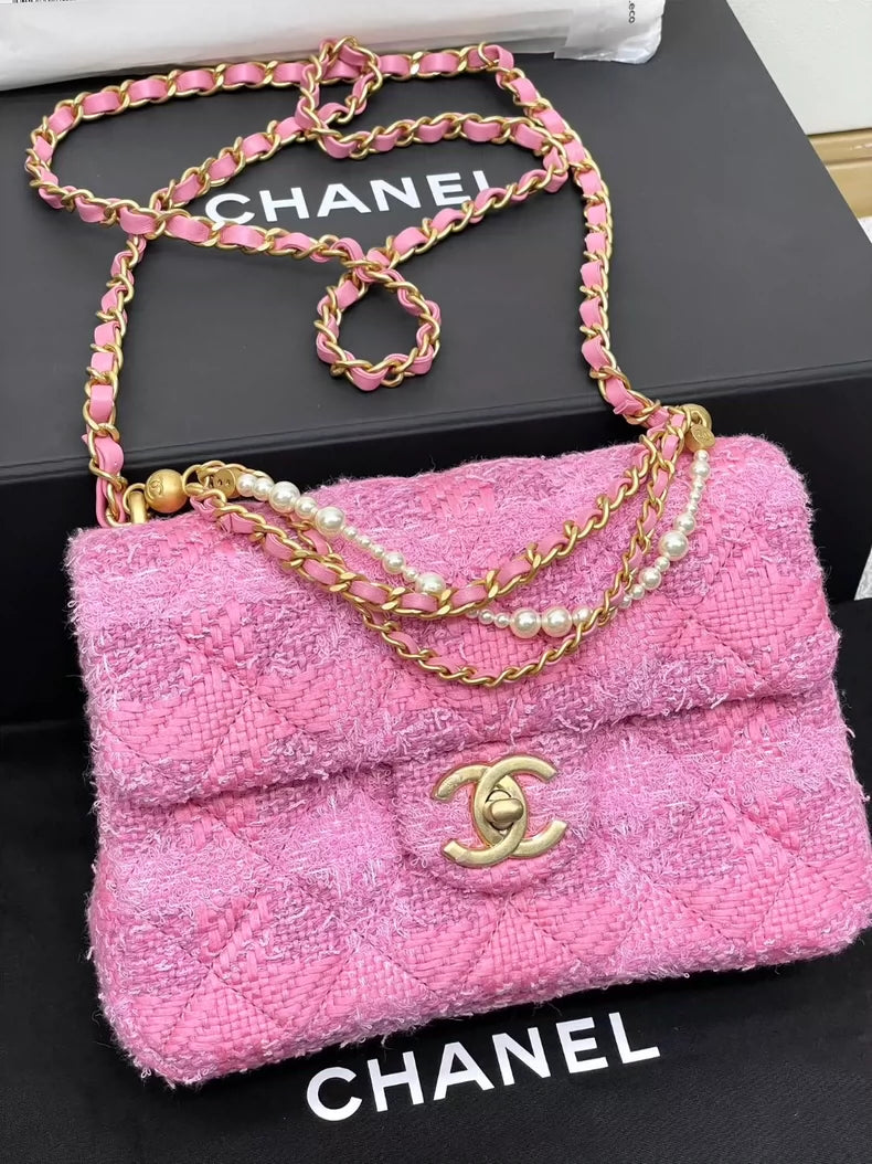 Chanel Pink Tweed Chain Wallet Bag