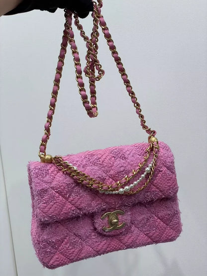 Chanel Pink Tweed Chain Wallet Bag