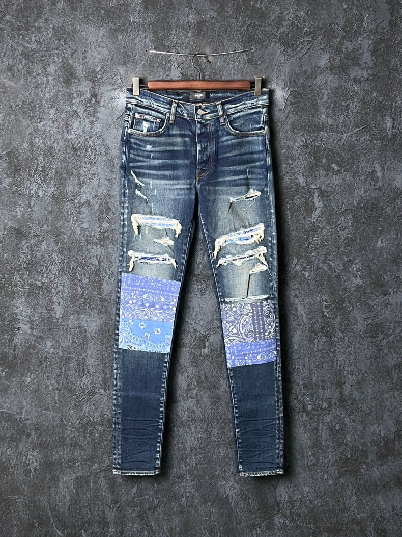 Blue Patchwork Denim Pants