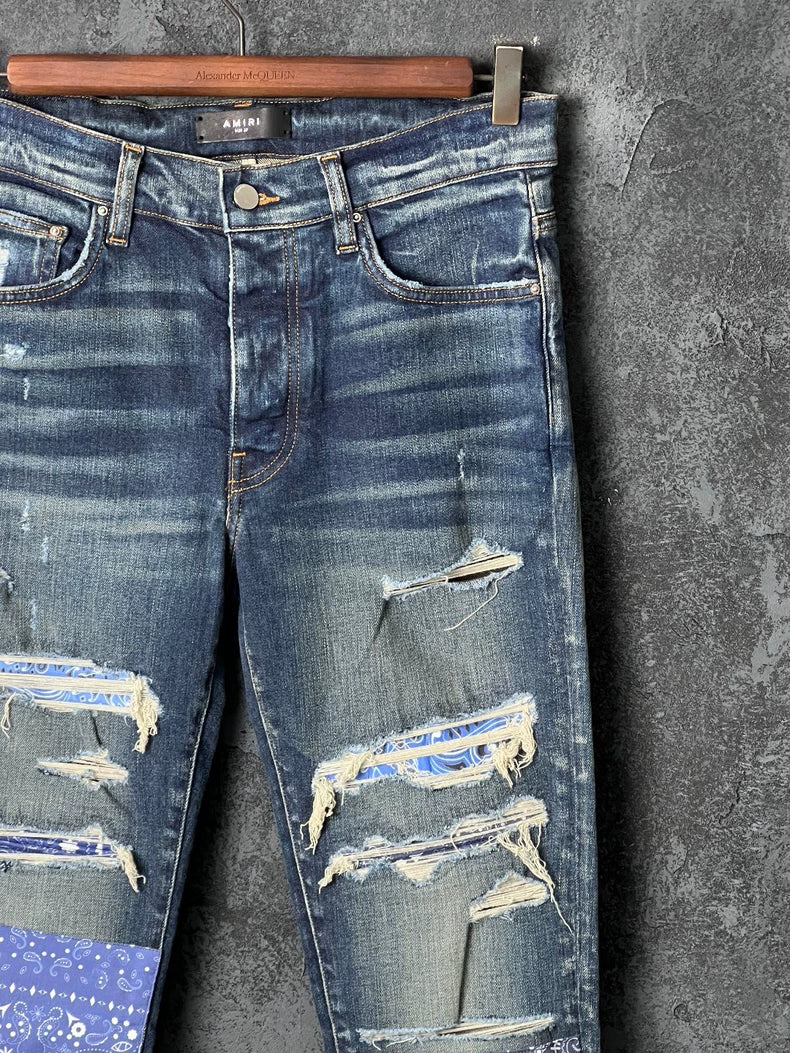 Blue Patchwork Denim Pants