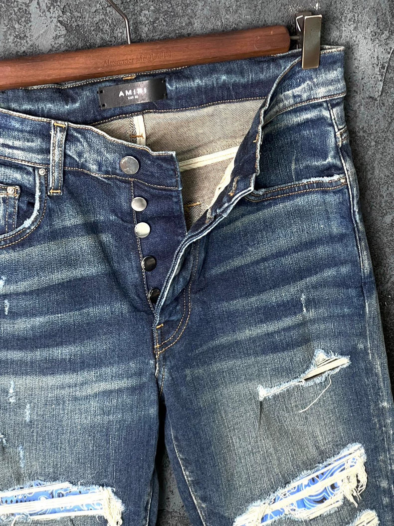 Blue Patchwork Denim Pants