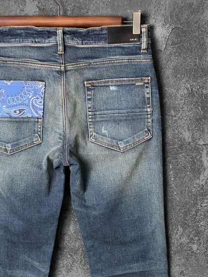 Blue Patchwork Denim Pants