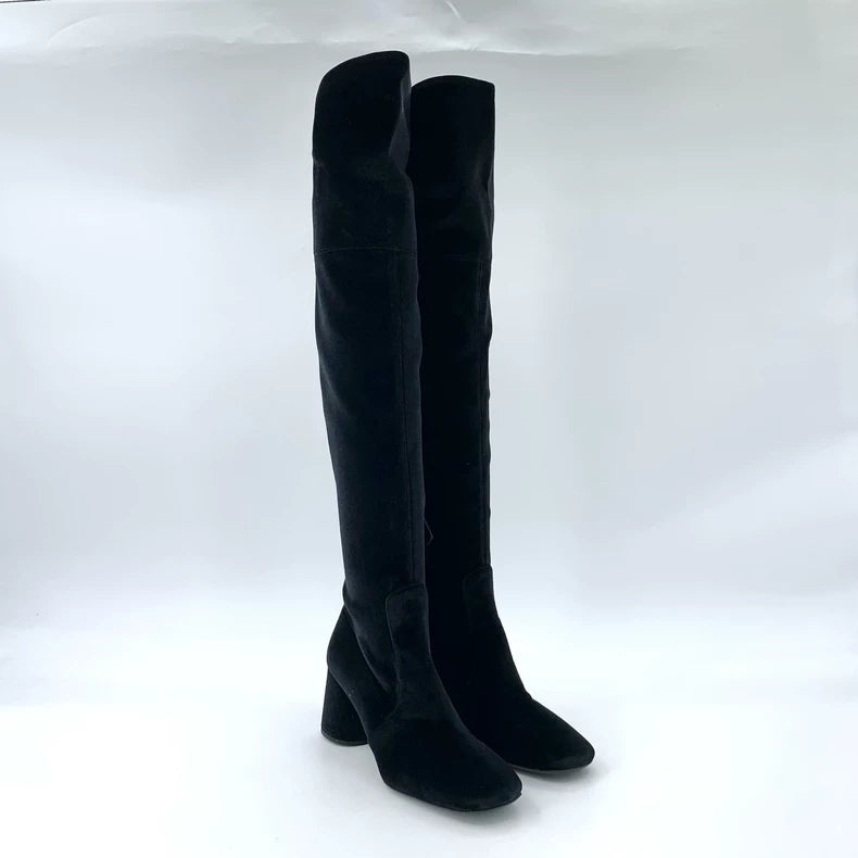 Prada Black Suede Knee-High Heeled Boots