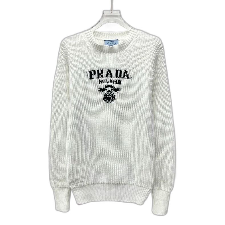 Prada White Letter Knit Sweater Long Sleeve
