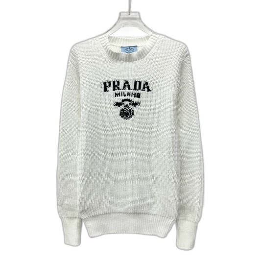 Prada White Letter Knit Sweater Long Sleeve