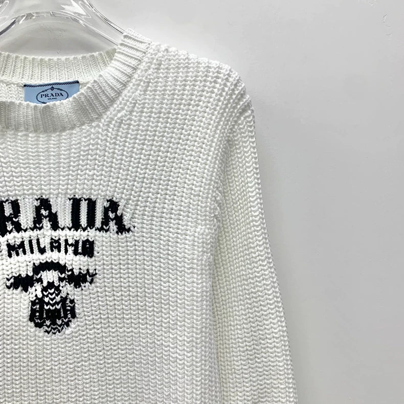 Prada White Letter Knit Sweater Long Sleeve
