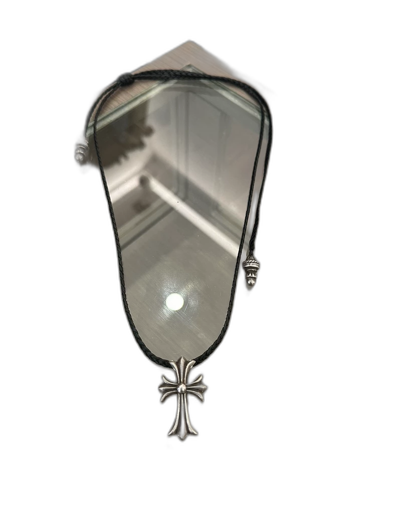 Chrome Hearts Silver Cross Necklace on Black Cord