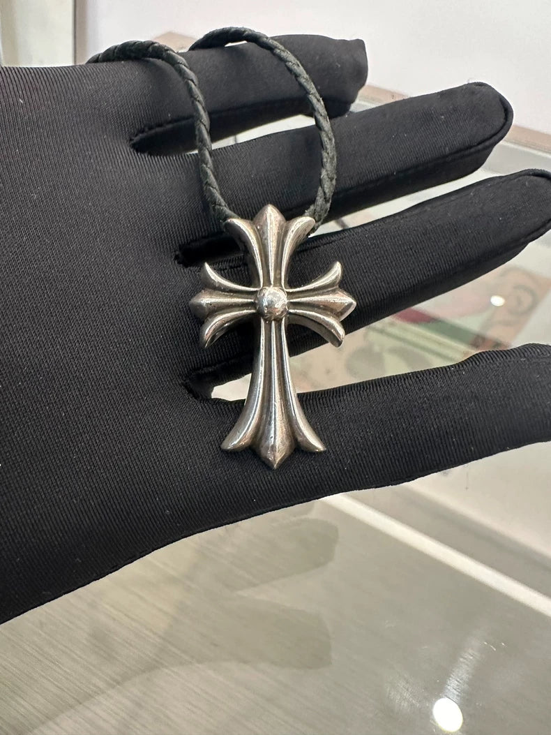 Chrome Hearts Silver Cross Necklace on Black Cord