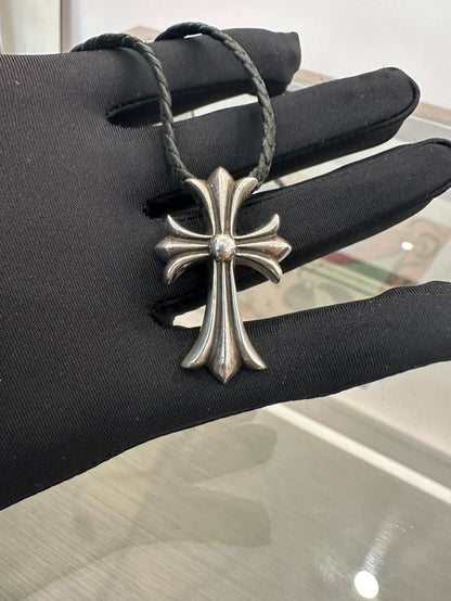 Chrome Hearts Silver Cross Necklace on Black Cord