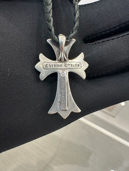 Chrome Hearts Silver Cross Necklace on Black Cord