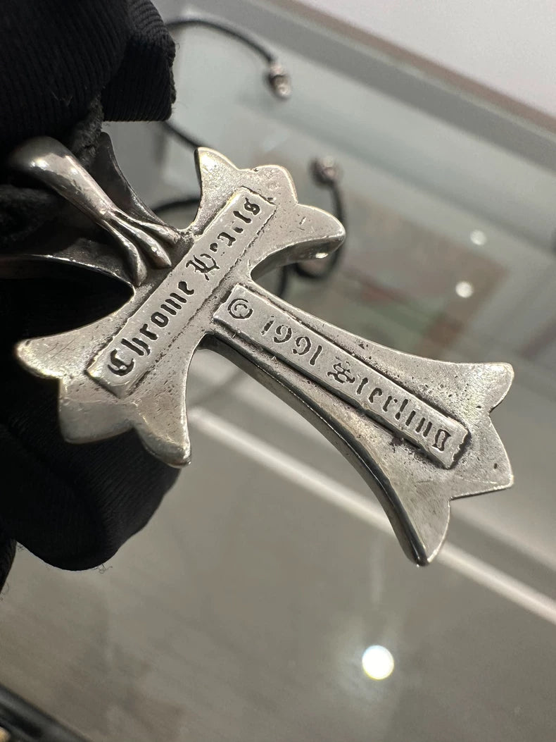 Chrome Hearts Silver Cross Necklace on Black Cord