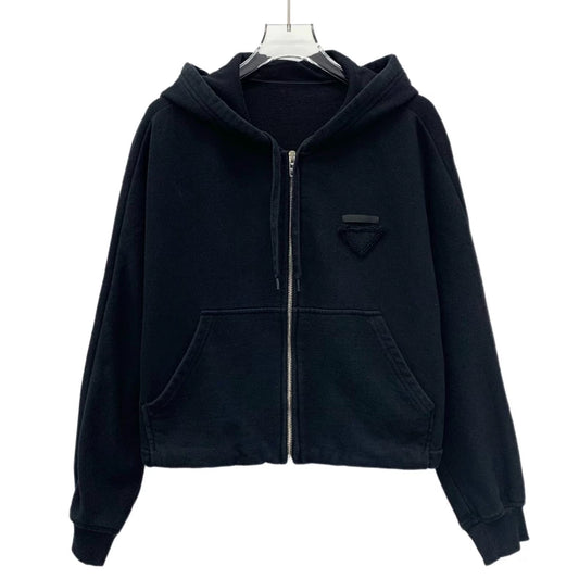Prada Black Triangle Logo Zip Hoodie-yf