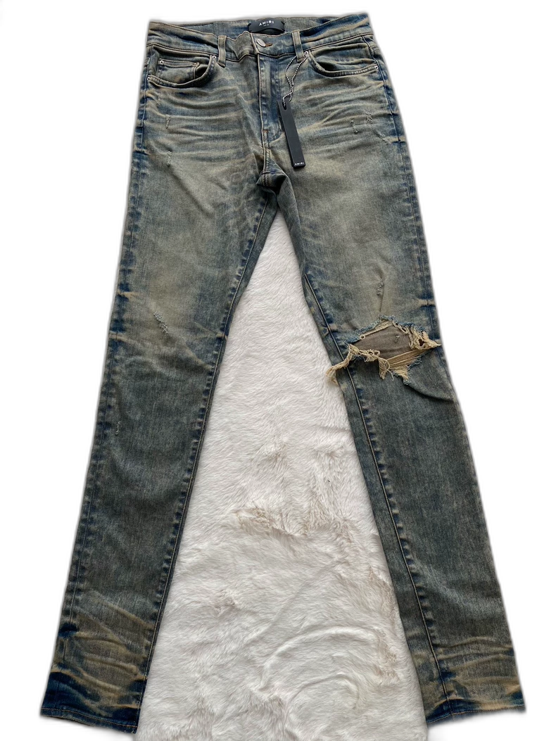 Amiri Distressed Denim Pants in Mud Color