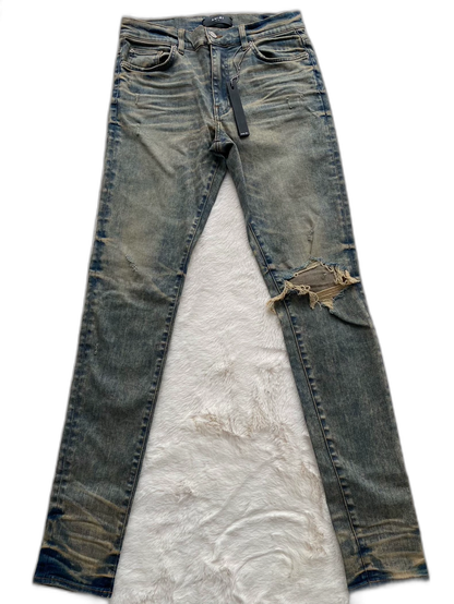 Amiri Distressed Denim Pants in Mud Color