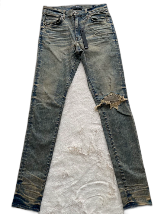 Amiri Distressed Denim Pants in Mud Color