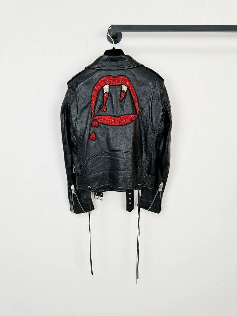 Saint Laurent Black Leather Jacket with Embroidery