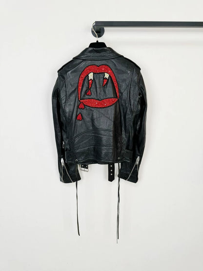 Saint Laurent Black Leather Jacket with Embroidery