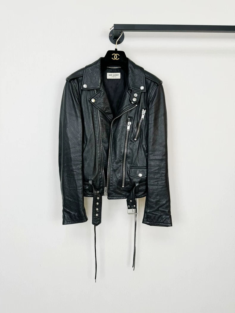 Saint Laurent Black Leather Jacket with Embroidery