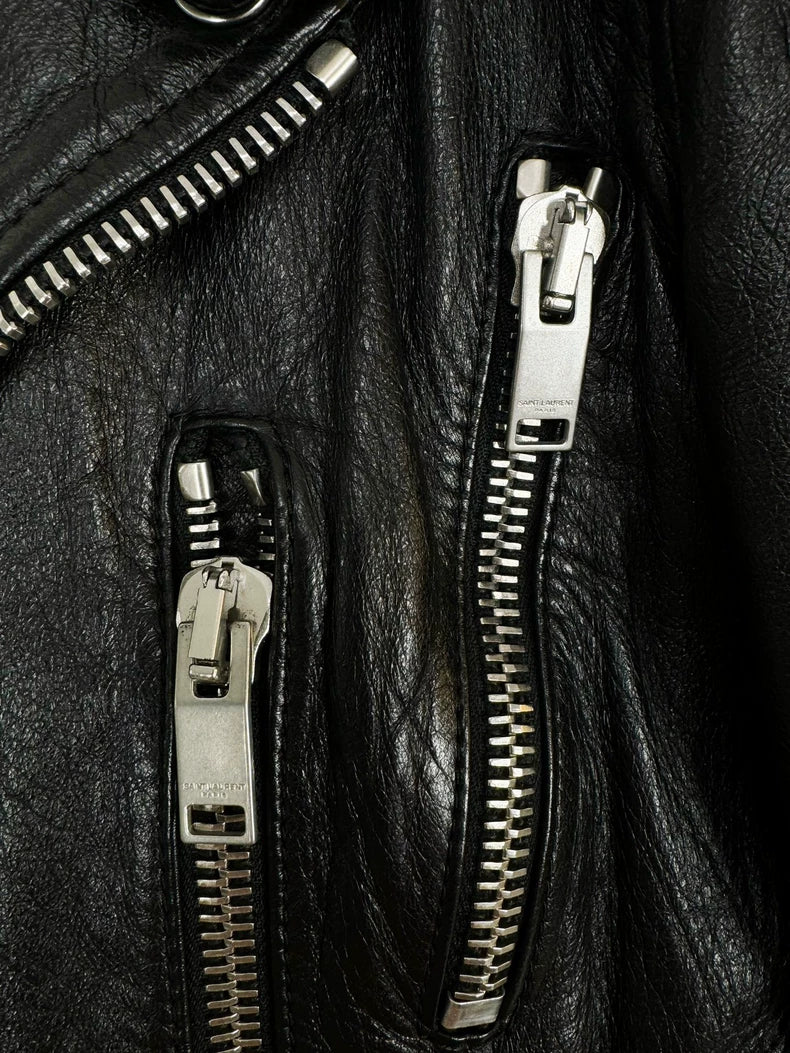 Saint Laurent Black Leather Jacket with Embroidery