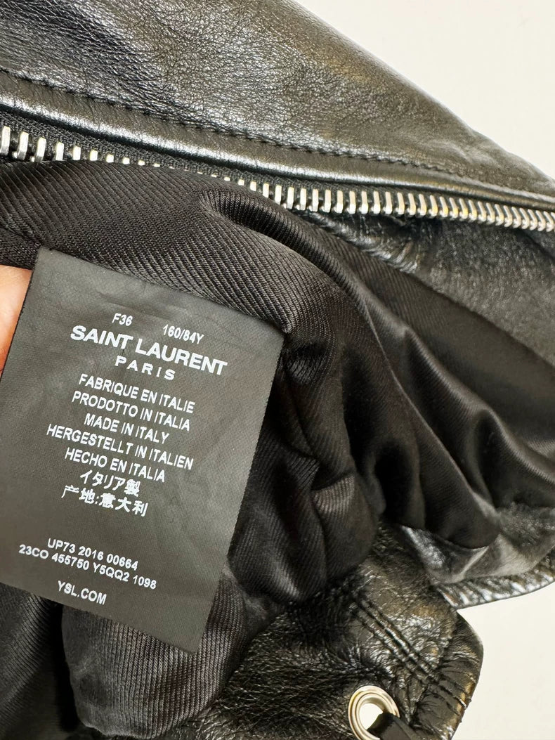 Saint Laurent Black Leather Jacket with Embroidery