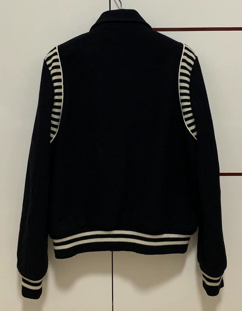 Saint Laurent Black Knit Stripe Baseball Jacket