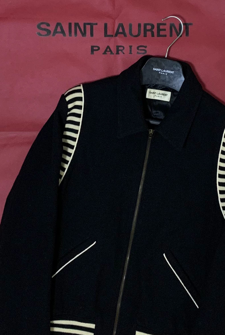Saint Laurent Black Knit Stripe Baseball Jacket