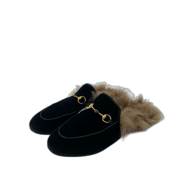 Gucci Black Fur Slip-On Loafers