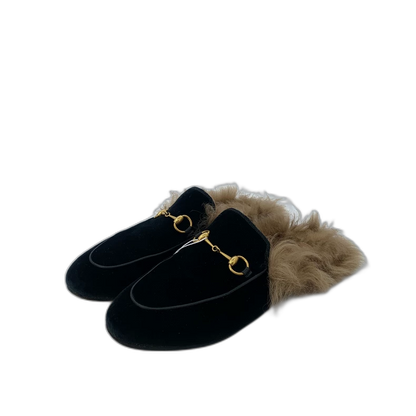 Gucci Black Fur Slip-On Loafers
