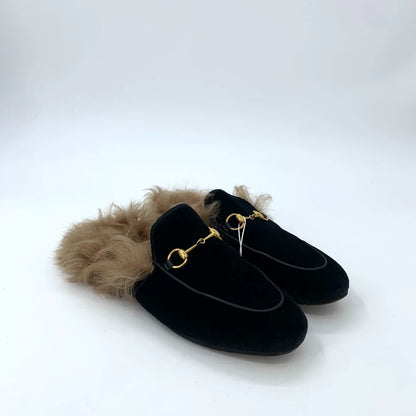 Gucci Black Fur Slip-On Loafers