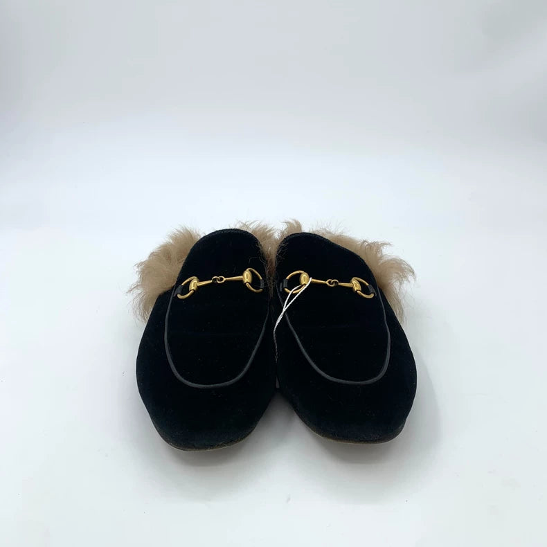 Gucci Black Fur Slip-On Loafers