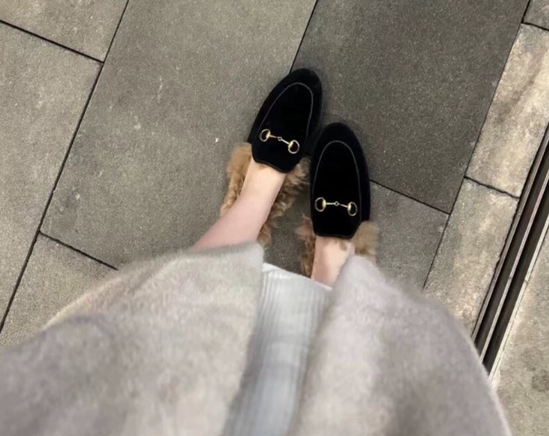 Gucci Black Fur Slip-On Loafers
