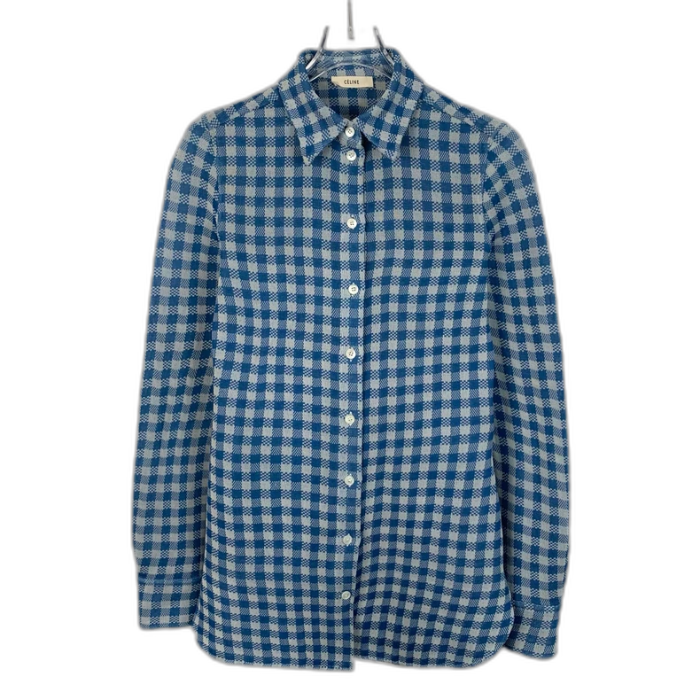 Celine Blue Check Silk Long Sleeve Shirt