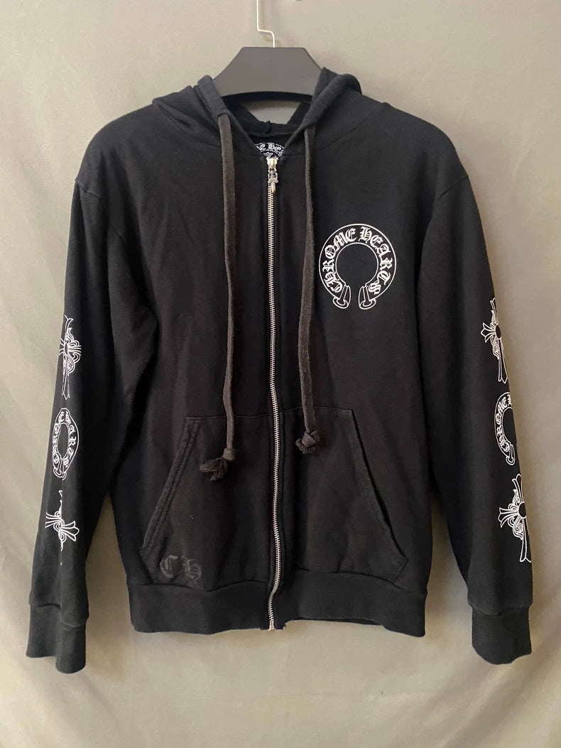Chrome Hearts Black Zip Hoodie with White Prints-yf